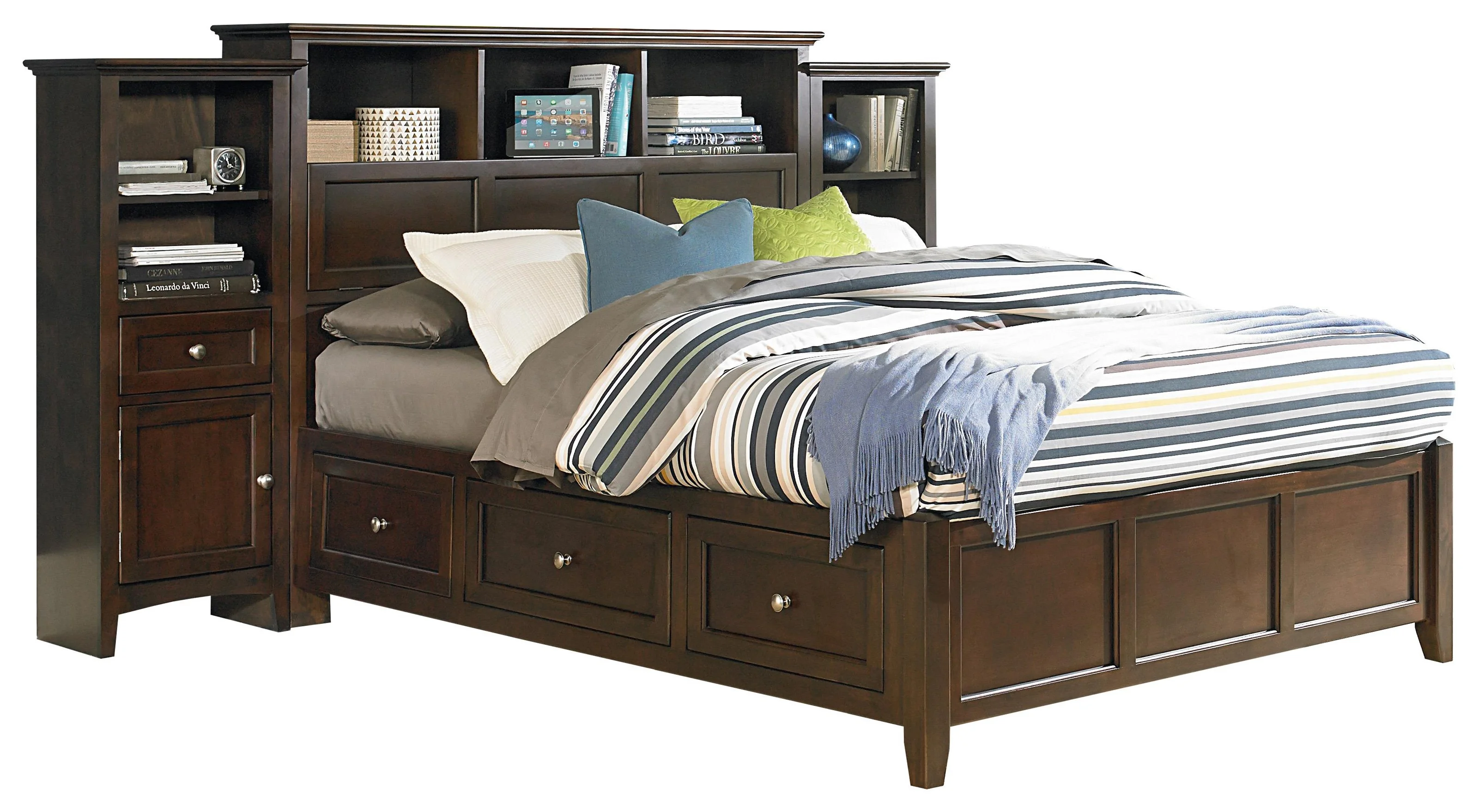 4P0164143 Queen Pedestal Bed with Bookcase Headboard and Piers Sadler